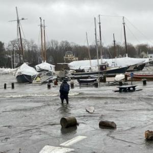 Penobscot Bay waters overtop the pier on Camden’s Public Landing during the Jan. 10 storm. (Courtesy of Harbor Master Steve Pixley)