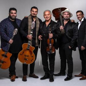 Django Festival Allstars. From left: Francko Merstein, Amati Schmitt, Dorado Schmitt, Samson Schmitt, Gino Roman. (Photo by RR Jones)