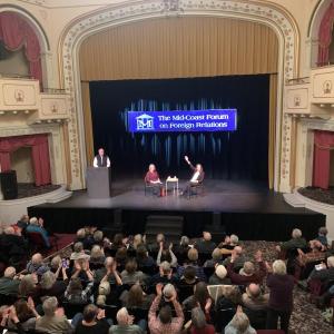The 489 seats of the Camden Opera House were gone in a flash when the community heard that Heather Cox Richardson would be speaking Feb. 10. Richardson and Moderator Jo Dondis, a member of the Mid-Coast Forum on Foreign Relations, sat on the stage for a little more than an hour, conversing, and then talking with the audience. (Photo by Lynda Clancy)