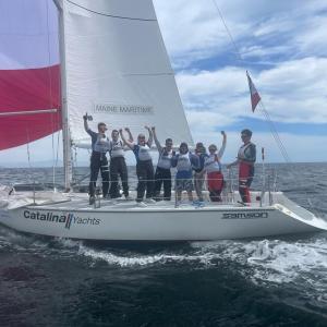 Maine Martiime Academy’s victorious sailors just after winning the Port of LA Harbor Cup in Los Angeles, California, March 10. From left to right: Mastman Aidan Pepperd, Bowman Kyle Carse, Pit Person Courtney King, Skipper Zach York, Jib/Spinnaker Trimmer Ellis Braga, Floater Drake Reid,
Main Trimmer Sarah Evans, Tactician Nala Ho, (Photo courtesy Chris Schreiber)