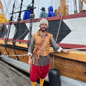 Matt Blazek, in period costume with Virginia at Windjammer Days in Boothbay Harbor, June 2023. (Photo courtesy Maine’s First Ship)