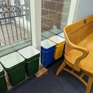 Buckets capture rain from water intrusion. (Photo courtesy Rockland Public Library)