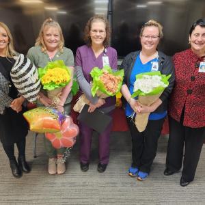 Pen Bay Medical Center employee award winners,from left: Denise Needham, PharmD, president of Pen Bay and Waldo; Sunshine Award winner Lori Gary; Standing Ovation winner Deborah Ketchen; DAISY Award winner Lindsay Geyer; and Ellen Leone, RN, MSN, chief nursing officer. (Photo courtesy Pen Bay Medical Center and Waldo County General Hospital)