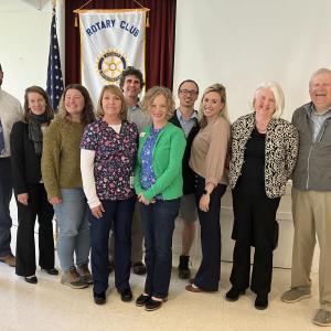 The Camden Rotary Club honored this year’s recipients of charitable grants during a recent meeting. Picture from left to right are St. George School Unit Superintendent Mike Felton, Penobscot Bay YMCA Executive Director Whitney Files, Hurricane Island Center for Science and Leadership Science and Research Director Anya Hopple, Camden Area District Nursing Association Director Judith Lydon, Hurricane Island Executive Director Bo Hoppin, New Hope Midcoast Executive Director Rebekah Paredes, Midcoast Recreation Center Interim Executive Director Jesse Simko, Knox County Homeless Coalition Executive Director Molly Feeney, MCH Meals on Wheels Executive Director Elisabeth Schuh, and Camden Rotary Club Grants Committee Chair Bruce Cole. Wayfinder Schools also received a grant. Camden Rotary, St. George School, New Hope Midcoast, Camden Area District Nursing, MRC, Midcoast Recreational Center, MCH Meals on Wheels, Pen Bay Y