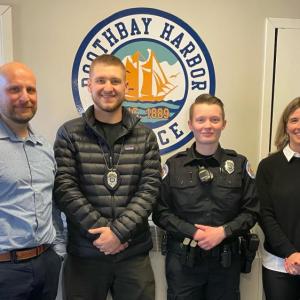 New Hope Midcoast Legal Advocacy Director Susanna Norwood, right, recently provided training on domestic abuse and non-fatal strangulation to new hires at the Boothbay Harbor Police Department. Pictured are Chief Doug Snyder, Officer Garrett French, Officer Makenzi Strout, and Norwood. Courtesy New Hope Midcoast