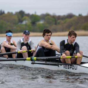 Boys coxed four at Neponset. Connor Howland, Jake Roux, Even Fossum, Robert Wickenden. Sophia Howell, cox (Photo courtesy Kevin Brown)