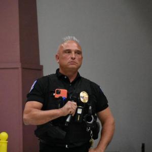 Thomaston Police Chief Tim Hoppe answers questions in 2022 from residents after explaining details of a two-on, five-off work schedule. (Photo by Sarah Thompson)