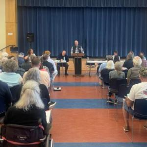 Town Meeting for the School Budget on Thursday evening, May 16. The crowd grew from this photo taken at the very start. (Photo by Ed O’Brien)