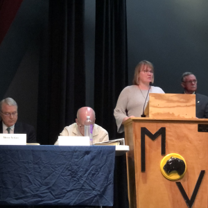 RSU 40 Business Manager Karen Pike addresses audience questions during the Budget Meeting on May 14 in Waldoboro. (Sarah Masters photo)