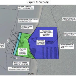The Port Map of the proposed wind port on Sears Island, as depicted in the grant application for federal funding that was prepared and submitted by the Maine DOT.
The DOT is requesting a $456 million Multimodal Project Discretionary Grant award to construct the East Coast’s first purpose-built floating offshore wind port as well as the nation’s first U.S.-flagged, Jones Act-compliant semi- submersible barge to accommodate the fabrication, marshaling, and installation of floating offshore wind turbines in the Gulf of Maine. The total cost of the project budget is $760 million.