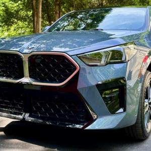 The edgy style of the second-generation X2 subcompact crossover is highlighted here in Storm Bay Metallic with a Mocha Perforated Veganza interior. Veganza is BMW’s animal-free “vegan” leather.