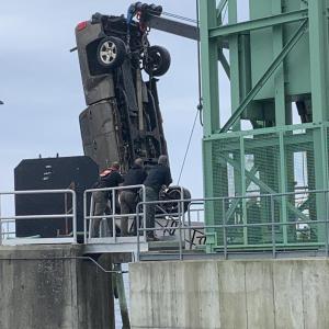 A pickup truck was being hauled from Penobscot Bay at the Lincolnville ferry terminal June 17. (Photo courtesy Sandie Sabaka)