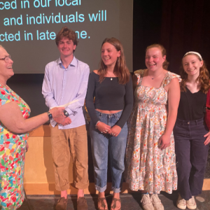 From left to right: Dr. Mary Katherine Hayes, Camden Garden Club Education Chair; Quinn Riordan, Grace Moody, Eliza Nicholson and Margaret Blood. (Photo by Club member Allison Matlack)