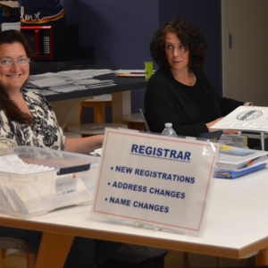 Rockport Deputy Town Clerk Shay Ames and Assistant Town Clerk Wendy Charland begin processing the 300-plus absentee ballots submitted for the June 11, 2024 election. (Photo by Lynda Clancy)