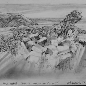 Sketchbook page, day three, the “Pile” at the Baldwin House, Monhegan Island by Deb Vendetti. (Photo courtesy Rockport Public Library)