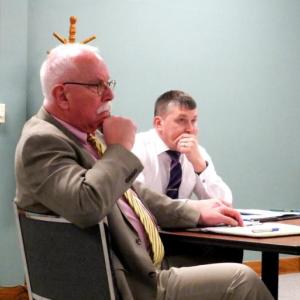 Gordon Page and Knox County Sheriff Patrick W. Polky listen together after Page’s appointment as Knox County Interim Administrator in February 2024. (Photo by Chris Wolf)