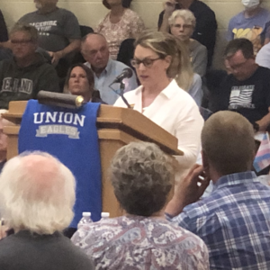 Then-candidate Rachel Wilcox of Union at the June 6 board meeting in Union. (Sarah Masters photo)