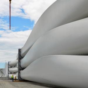 Wind turbines stacked at Mack Point in Searsport after being offloaded from cargo ships. They will be bound for Somerset and Washington counties via truck in the early morning through October. (Photo by Lynda Clancy)