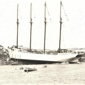 The last sailing ship built in Belfast, the Blanche C. Pendleton, launched on May 20, 1920. (Photo from the HBS photograph collection)