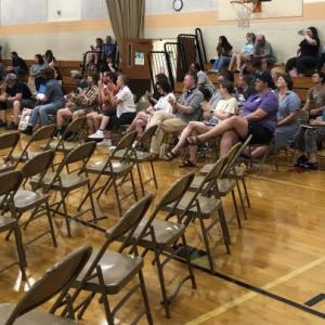 A crowd of about 50 people gathered to watch the School Board meeting on Aug. 1 in Union. Most of the attendees appeared to support Policy ACAAA, which provide protections for transgender and gender expansive students. The audience was visible pleased when the Board voted to rescind an earlier decision to delete the policy. (Sarah Masters photo)