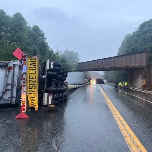 A tractor trailer collided with a bridge in Stockton Springs Aug. 9. (Photo courtesy Maine Dept. of Public Safety)