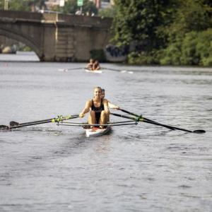 Adella Brainerd and Laura Riordan on the Charles River. (Photo courtesy Megunticook Rowing)