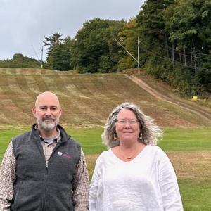 Camden Snow Bowl General Manager Jeff Nathan and Communications Coordinator Holly Anderson, at the Snow Bowl, Sept. 25 (Photo by Lynda Clancy)