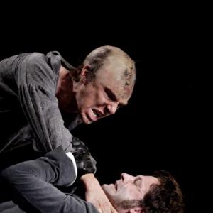 Frankenstein. The Creature (Benedict Cumberbatch) and Victor Frankenstein (Johnny Lee Miller). (Photo by Catherine Ashmore)
