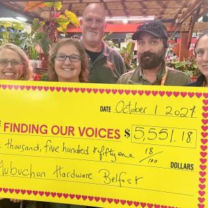 A Cash Register Round-Up campaign at Aubuchon Hardware in Belfast raised more than $5,000.00 for Finding Our Voices. From left to right, Patrisha McLean, CEO and founder of the Camden-based nonprofit, the group’s chief of staff Mary Kamradt, Aubuchon Manager Greg Hodgman, Assistant Manager Simon Fernands, and Garden Center Manager Sandra Verdosci. (Photo courtesy Finding Our Voices)