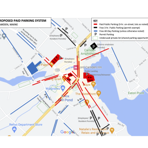 NOTE: This is a revised Proposed Parking System map showing the first Congregational Church (outlined in green) as an underutilized private lot, eliminating the small Central Street lot, and showing only the south side of Pearl Street as available all day parking.    