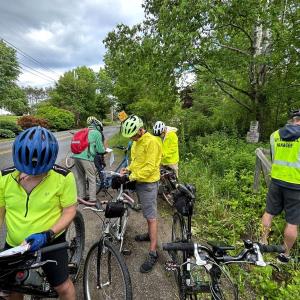 A group of cyclists jot down observations and ideas earlier this year while doing a handlebar survey of Belfast roads. Input from the cyclists, along with walkers, wheelchair users, and others, will become part of a roadmap for the city to improve its pedestrian and bicycle transportation network. (Photo courtesy City of Belfast)