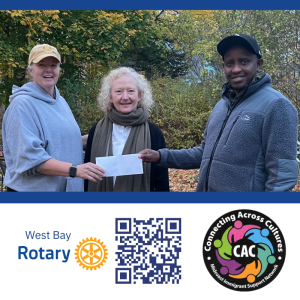 Image depicts three individuals holding a check that West Bay Rotary is donating to Connecting Across Cultures. 