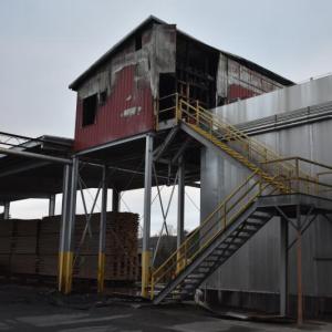 A control room above a kiln at Robbins Lumber is gutted by fire Nov. 16, 2024. (Photo by Sarah Thompson)