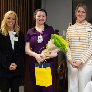 L - R: Denise Needham, PharmD, president of MaineHealth Pen Bay and Waldo Hospitals; Sunshine Award winner Harleigh Brewer; and Kristin Cyr, RN, MSN, chief nursing officer for MaineHealth Pen Bay and Waldo Hospitals, during a recent award ceremony at MaineHealth Pen Bay Hospital. (Photo courtesy MaineHealth)