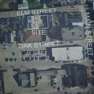 Application packet ariel view of Elm and Oak streets, with north at the top.
