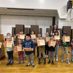 Gratitude award winners, pictured with Principal, Ainslee Riley: Front: Riley Blakeway, Hailey Ames, Violet Dailey, Adam Breen, Anthony Diaz, Ryman Ames-Allan. Back: Emmett DeYoung, Logan Atwood, Gemma Rubino, Avery Cole, Jayla O’Hare, Norah Smith, Dominic Jefferson, Calvin Paul. Not pictured: James Magnoli, and Jayden Callahan. (Photo courtesy Thomaston Grammar School)