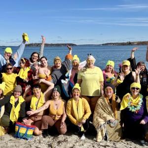 Cold Water Queers, in this photo with Two Maine Mermaids at the 2024 Finding Our Voices dip, will be dipping for Finding Our Voices again February 9, at Willard Beach in South Portland, 11 a.m. (Photo courtesy Mary Kamradt/Finding Our Voices)
Finding our Voices