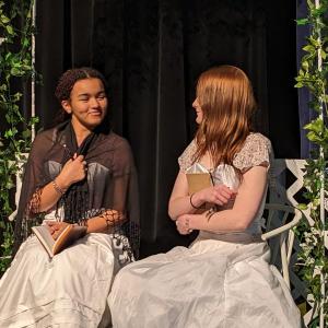 Charlotte Bronte, played by Dilyla Brown, sits with Emily Bronte, played by Morgan Cornell. (Photo courtesy Searsport District High School) Charlotte Bronte, played by Dilyla Brown, sits with Emily Bronte, played by Morgan Cornell. (Photo courtesy Searsport District High School)