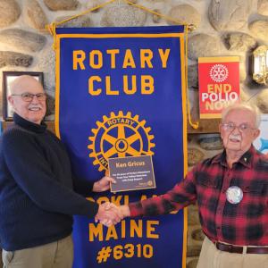 Rockland Rotary President Mike Flanagan (L), presented Rockland Rotarian Ken Gricus (R), with a special award honoring his 52 years as a Rockland Rotarian, with 50 years of Perfect Attendance. (Photo courtesy Ferolyn Curtis) Rockland Rotary President Mike Flanagan (L), presented Rockland Rotarian Ken Gricus (R), with a special award honoring his 52 years as a Rockland Rotarian, with 50 years of Perfect Attendance. (Photo courtesy Ferolyn Curtis)