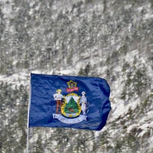Maine's flag, Dirigo, Winter 2025. (Photo by Lynda Clancy)