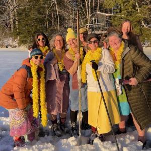 Erja Lipponen’s Wander Women at Crawford Lake in Union with ice chisels, axes and saws, after a sauna.  Back row left to right: Kerry Hadley, Amanda Beal, Miska Järvinen. Front Row: Mary Gordon, Autumn Cipala, Sarah Swajkos, Carla Armbuster, Amy Fisher. (Photo by Erja Lipponen)
