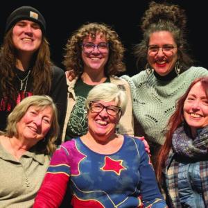 Cast of Waldo Theatre production of The Vagina Monologues cast. Rear: Violet Ferlito, Emma Theobalds, Susan LaVerdiere, Front: Chris Essler, Susan Hodder, Christine Andersen. Missing: Lara Rakocevic. (Photo courtesy Waldo Theatre)