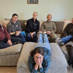 The cast of "Becky's New Car" by Steven Dietz take a break during a read-through of the play in January. Front: Katie Glessner; Back, l-r: Rob Bywater, Tom Lott, Eric Sanders, Mark Durbin, Giz Coughlin, Courtney Hawkins. (Photo courtesy Belfast Maskers) The cast of "Becky's New Car" by Steven Dietz take a break during a read-through of the play in January. Front: Katie Glessner; Back, l-r: Rob Bywater, Tom Lott, Eric Sanders, Mark Durbin, Giz Coughlin, Courtney Hawkins. (Photo courtesy Belfast Maskers)