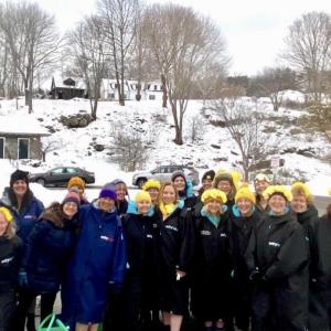 Dip Down Rise Up with Saltwater Mountain Co. at York Harbor Beach at 4:30 p.m. The yellow flower hats were repurposed from the group’s 2024 Finding Our Voices dip. (Photo courtesy Amy Hopkins) 