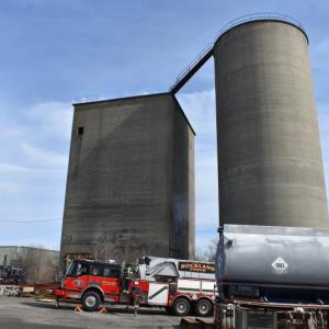 Firefighters respond to a fire inside an unused grain silo in Rockland, Saturday, March 22, 2025. (Photo by Sarah Thompson)