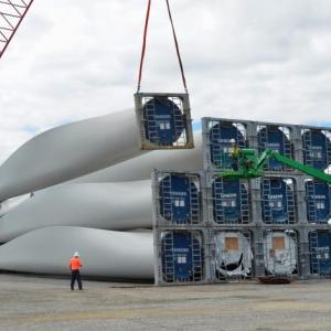 Wind turbine blades unloaded at Mack Point in 2024 from a ship that sailed in from India, and were stacked in place prior to truck transport to northern and eastern Maine land-based wind power facilities. (File Photo by Lynda Clancy)
wind turbines