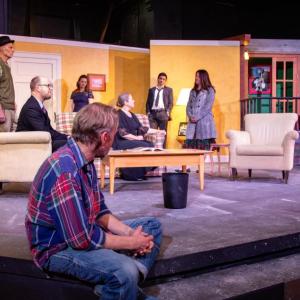 Front: Mark Durbin ("Joe") looks on as his guests: (l-r) Steve (Eric Sanders), Walter (Rob Bywater), Kenni (Courtney Hawkins), Ginger (Giz Coughlin) and son Christopher (Tom Lott) confront his wife, Becky (Katie Glessner). Set designed by Christopher Moore. (Photo by Gwyneth Sauvage)