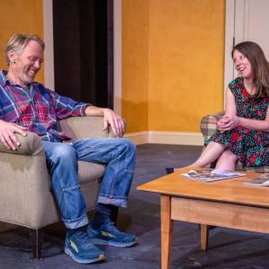 (l-r) Mark Durbin ("Joe") and Katie Glessner ("Becky") rehearse a scene from "Becky's New Car" at the Basil Burwell Community Theater in Belfast. (Photo by Gwyneth Sauvage)