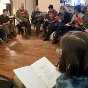 The cast and some of the production team of "The Curious Incident of the Dog in the Night-time" gathered at the Basil Burwell Community Theater in Belfast, Maine for an initial reading of the play in February. (l-r) Emily LeBlanc McConnell, Parks David McConnell, Tucker Atwood, André Blanchard, Zafra Whitcomb, Tom Lott, Sally Mills, Roxanne Morse, Robbin League, Jenny Hart, and Cassidy Small. (Photo courtesy Belfast Maskers) The cast and some of the production team of "The Curious Incident of the Dog in the Night-time" gathered at the Basil Burwell Community Theater in Belfast, Maine for an initial reading of the play in February. (l-r) Emily LeBlanc McConnell, Parks David McConnell, Tucker Atwood, André Blanchard, Zafra Whitcomb, Tom Lott, Sally Mills, Roxanne Morse, Robbin League, Jenny Hart, and Cassidy Small. (Photo courtesy Belfast Maskers)