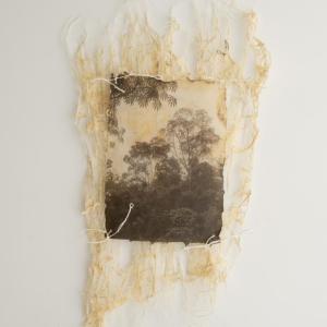 Deep Awareness by Karen Olson, Pigment print on Hanji paper, Himalayan Balsam lace paper, beeswax, linen cord, 14 x 4 x 1”. (Photo courtesy Local Color Gallery)